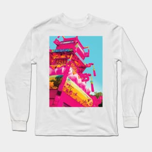 Chinese Colorful Pink Blue and Yellow Floral Asian Architecture with Light Blue Sky at China Festival in Botanical Flower Garden Long Sleeve T-Shirt